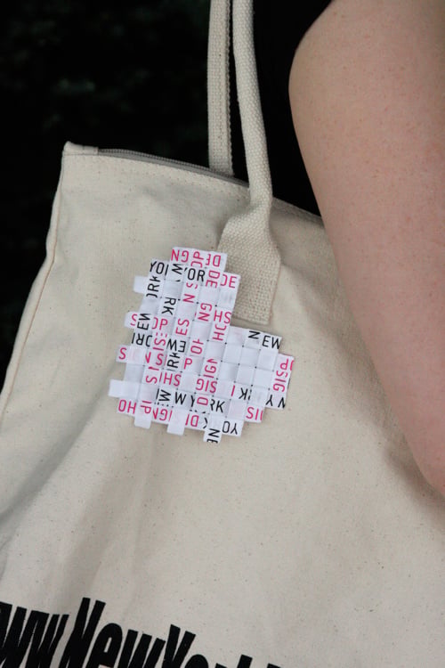 DIY Woven Heart Pin on NYDS tote bag