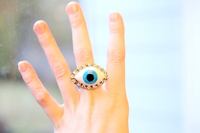 DIY Evil Eye Ring from clay, paint, and rhinestones