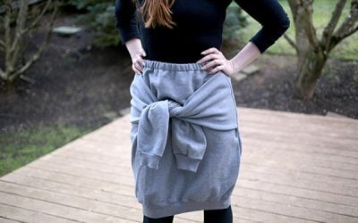 DIY Skirt with Tied Sleeves in Front…from a Sweatshirt